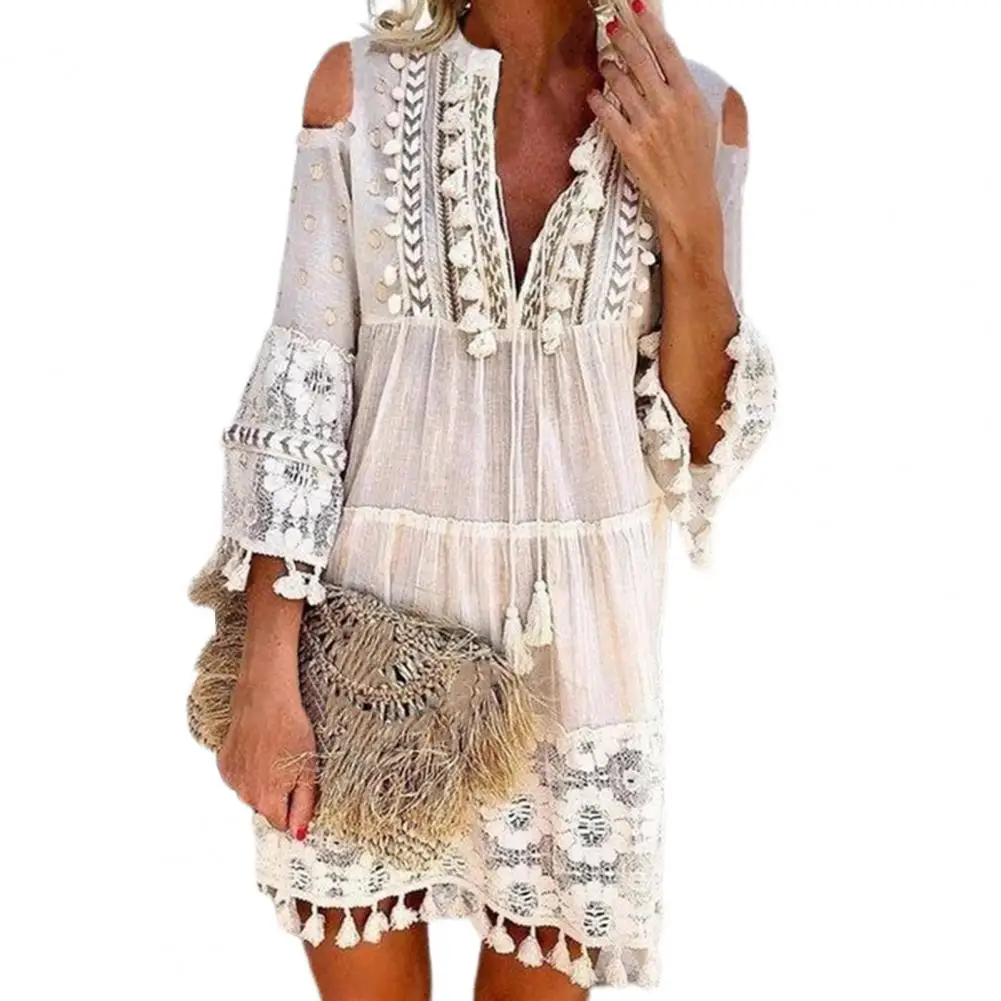 

Sexy Women's Shift Dress Long Sleeve Tassel Fringe Lace Robe Strapless Deep V-Neck Female Summer Casual Boho Vacation Dresse Hot