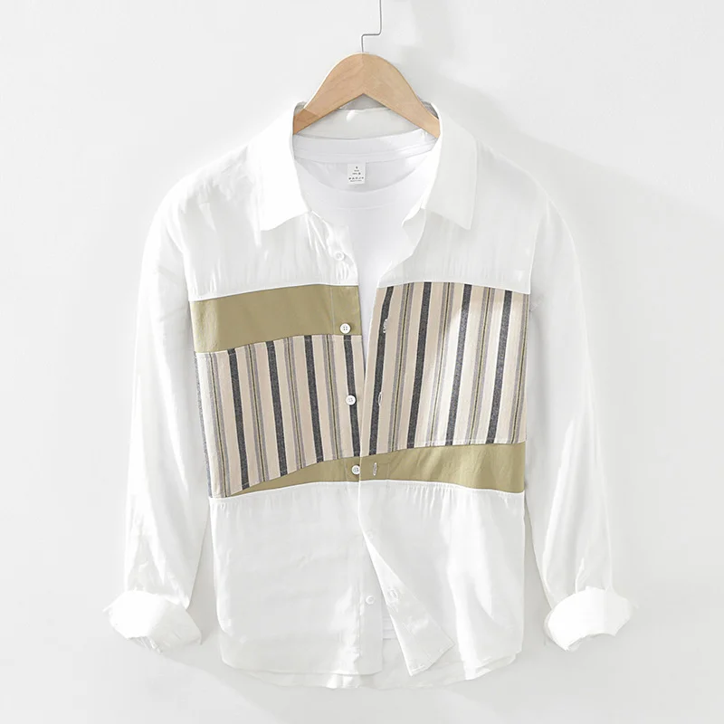 

2923 Men Spring Fashion Japan Trendy Asymmetrical Stripe Patchwork Loose Casual Long Sleeve Lapel Shirts Teens Simple Daily Wear