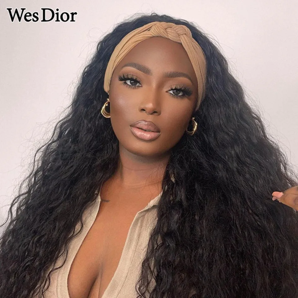 

Water Wave Headband Scarf Wig Human Hair Brazilian Full Machine Made Human Hair Wigs For Black Women Glueless Density 180 Remy