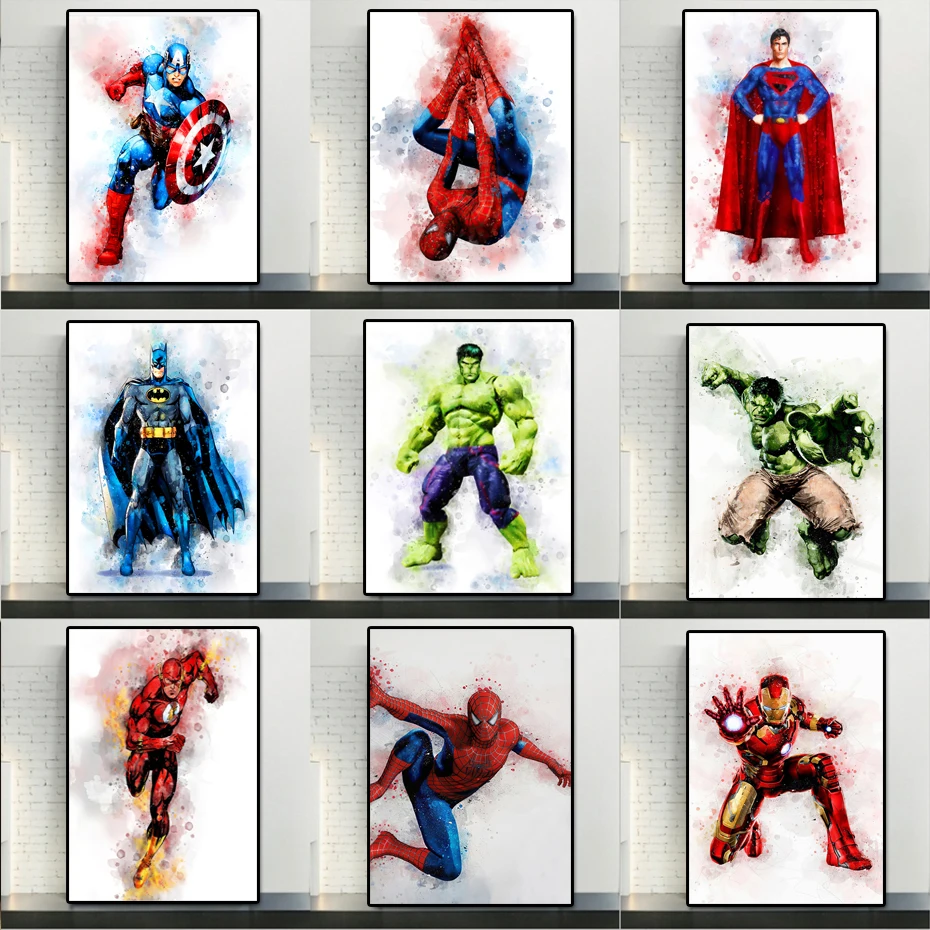 Настенная картина Marvel Мстители на холсте акварель супергерой мультфильмы