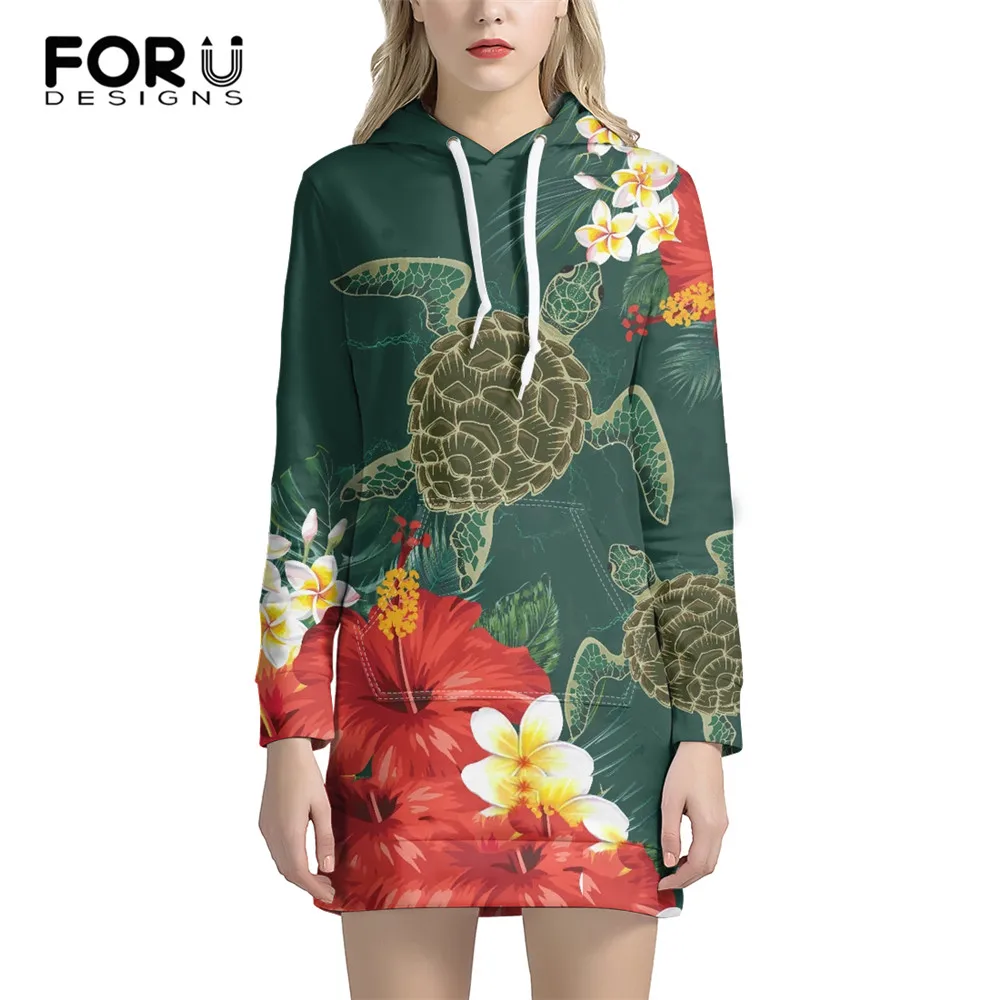 

FORUDESIGNS, гавайская тропическая Гибискус Плюмерия, черепаха, дизайн, женские худи с длинным рукавом, платье, Свободные повседневные свитшоты, ...