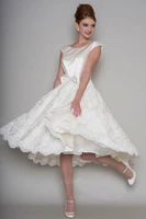vestido de novia scoop short wedding dress with bow robe mariage appliques lace tea length bridal gown