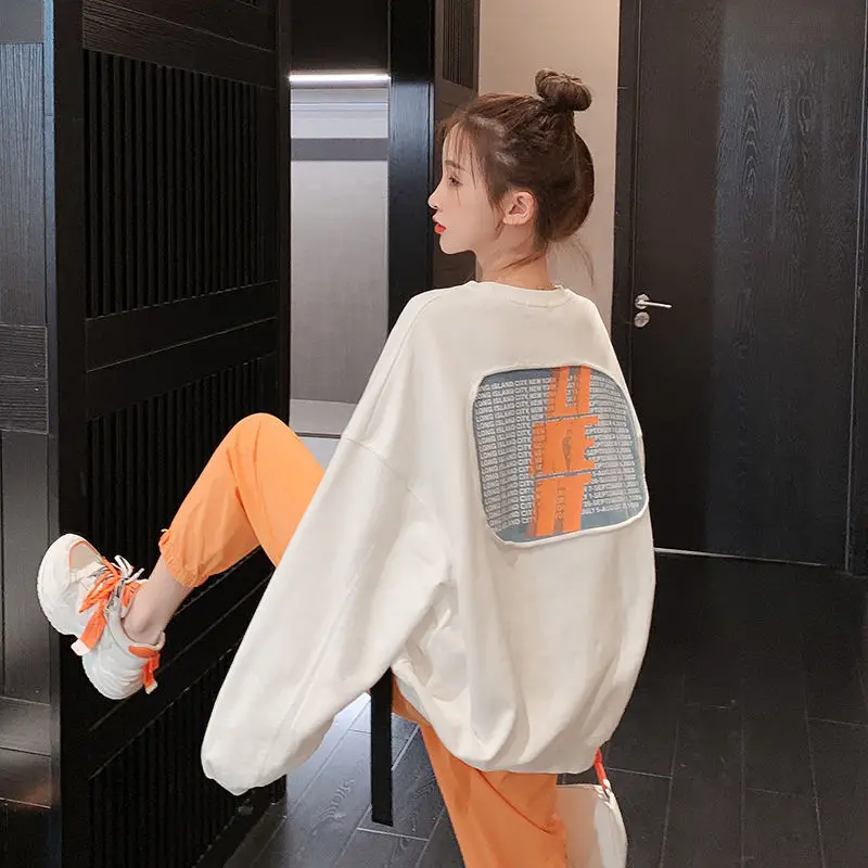 

Hoodies Women Letter Printed Crew Neck Long Sleeve Teenager Loose Korean Style Fashion Leisure Female New Arrival Chic Ins Daily