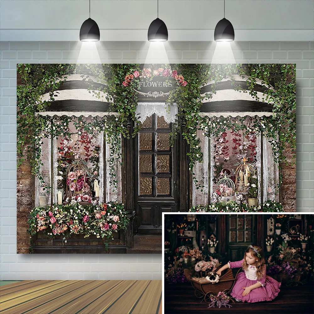 

Виниловый фон для студийной фотосъемки с изображением цветочного магазина девочки и детского торта