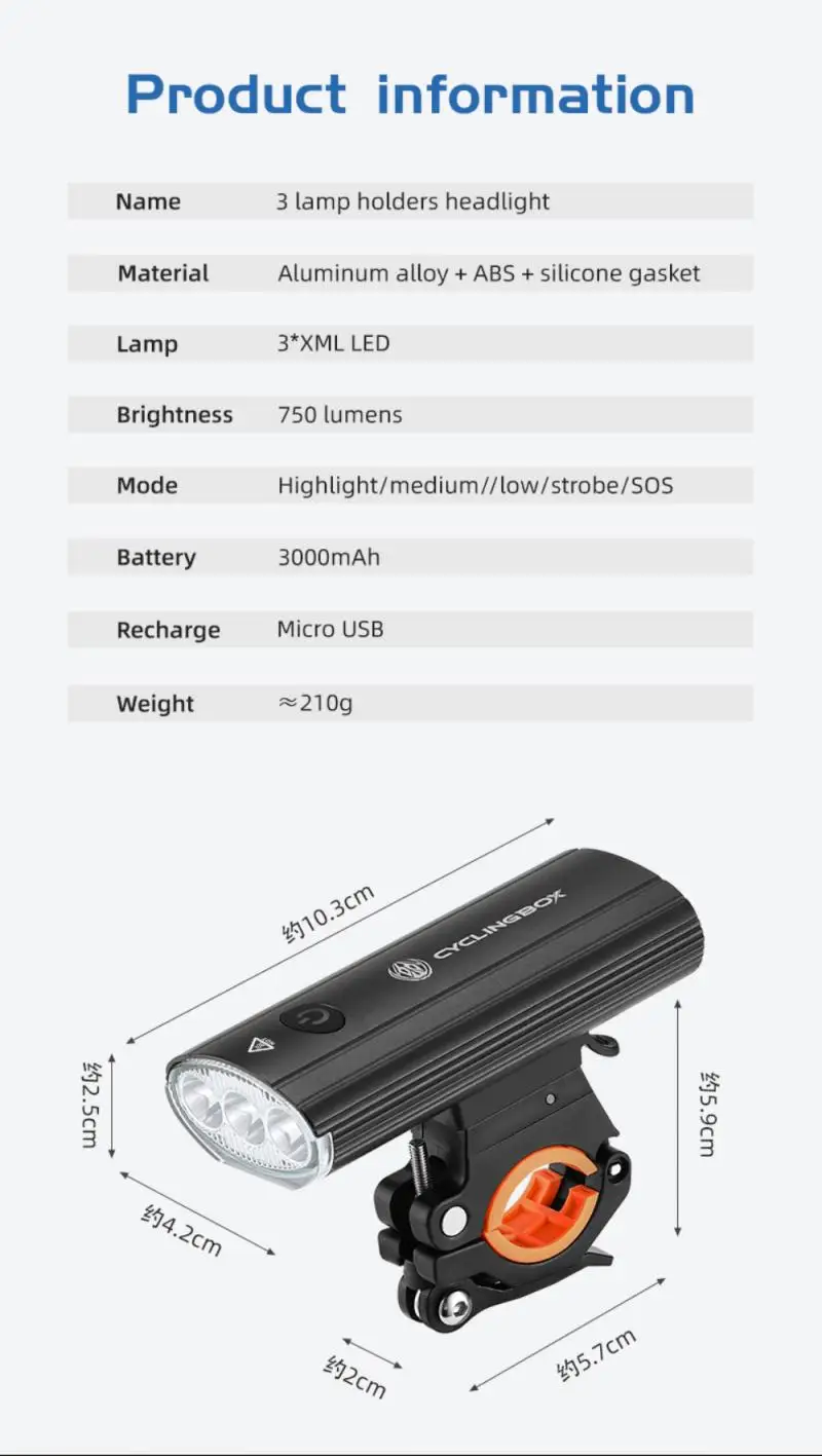 

750 Lumens Bike Front BICYCLE Light USB Rechargeable Super Bright LED Headlight Bicycle Aluminum Headlight Flashlight