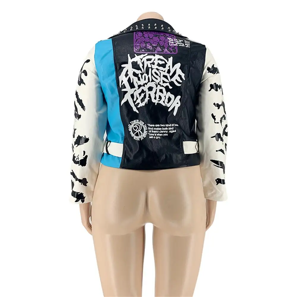 Autumn 2021 new pattern skull head female print rivet street trend plus size women's leather jacket