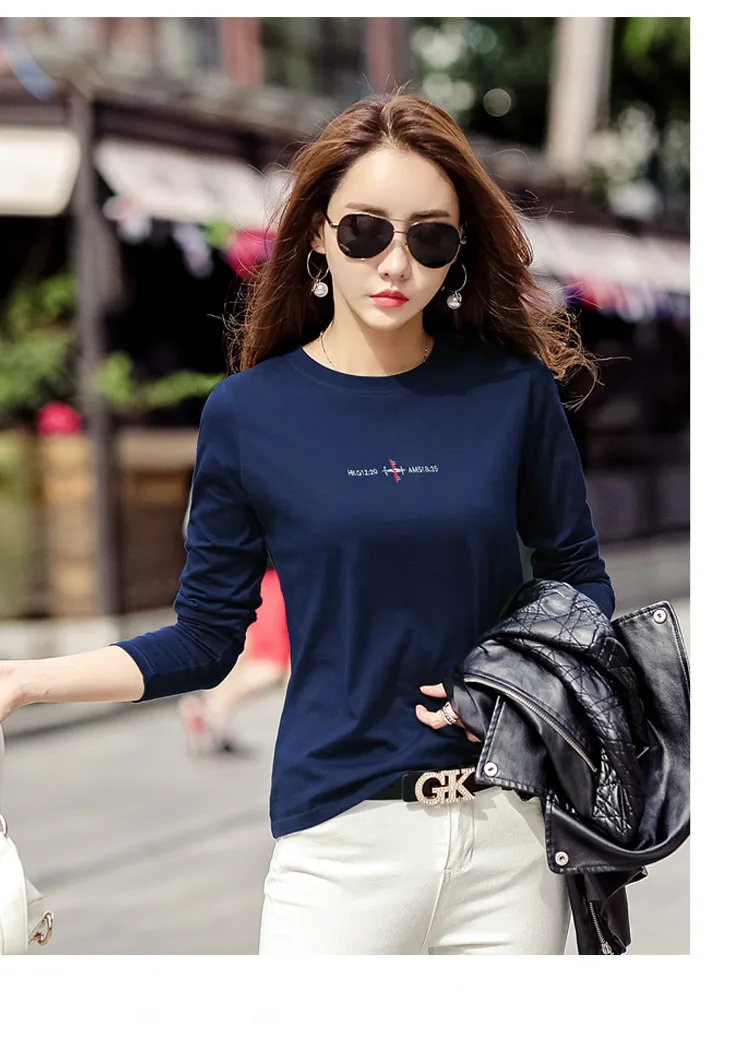 

Fashion Girl Spring Autumn Natural Pure Cotton Long Sleeve T-Shirt Yards Loose Embroidery Render Unlined Upper Garment