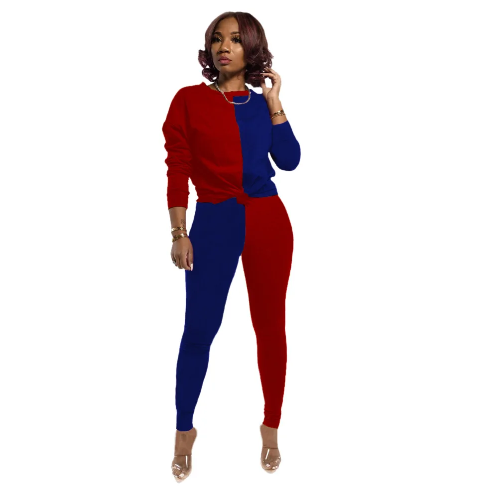 

Double Solid Color Patchwork O-Neck Long Sleeves Tops & Leggings Women Suit Casual Style Two Piece Set