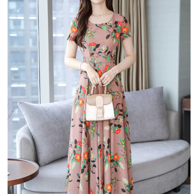 

vintage Ankle-Lenth Dress Floral SHORT Sleeve V-neck High Waist A-LINE Women's Dress 2021 Summer платье большого размера