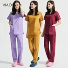 Костюм медицинский женский, короткий рукав, топ с V-образным вырезом и штаны, униформа для сотрудниц спа-салонов