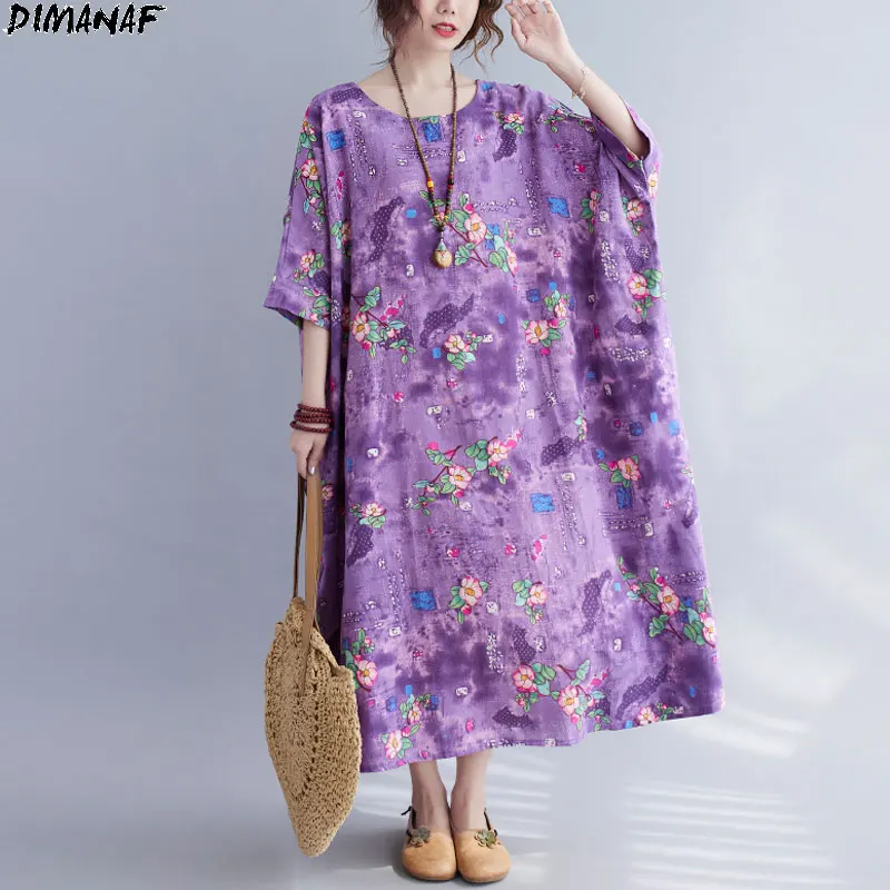 

DIMANAF 2021 Oversize Summer Beach Flowers Dress Women Vestidos Linen New Sundress Oversize Vintage Long Loose Casual 5XL 6XL