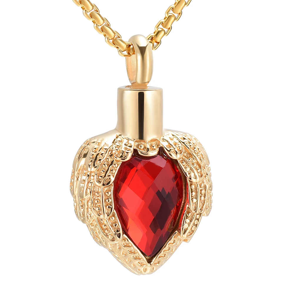 

LL027 Gold Stainless Steel Angel Wing Feather Wrapped drop Crystal Cremation Urn Necklace For Ashes For Human Memorial Jewelry