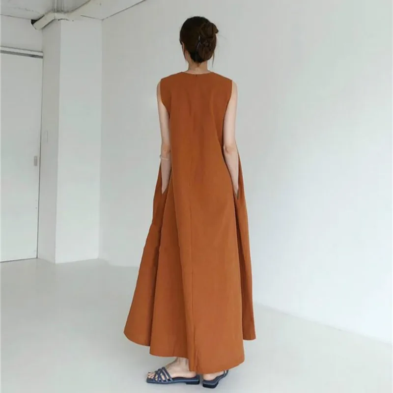 

Women Summer Vintage Cotton and Linen Long Tank Dress Sleeveless Loose Waist Large Hem Round Collar Midi Sundress