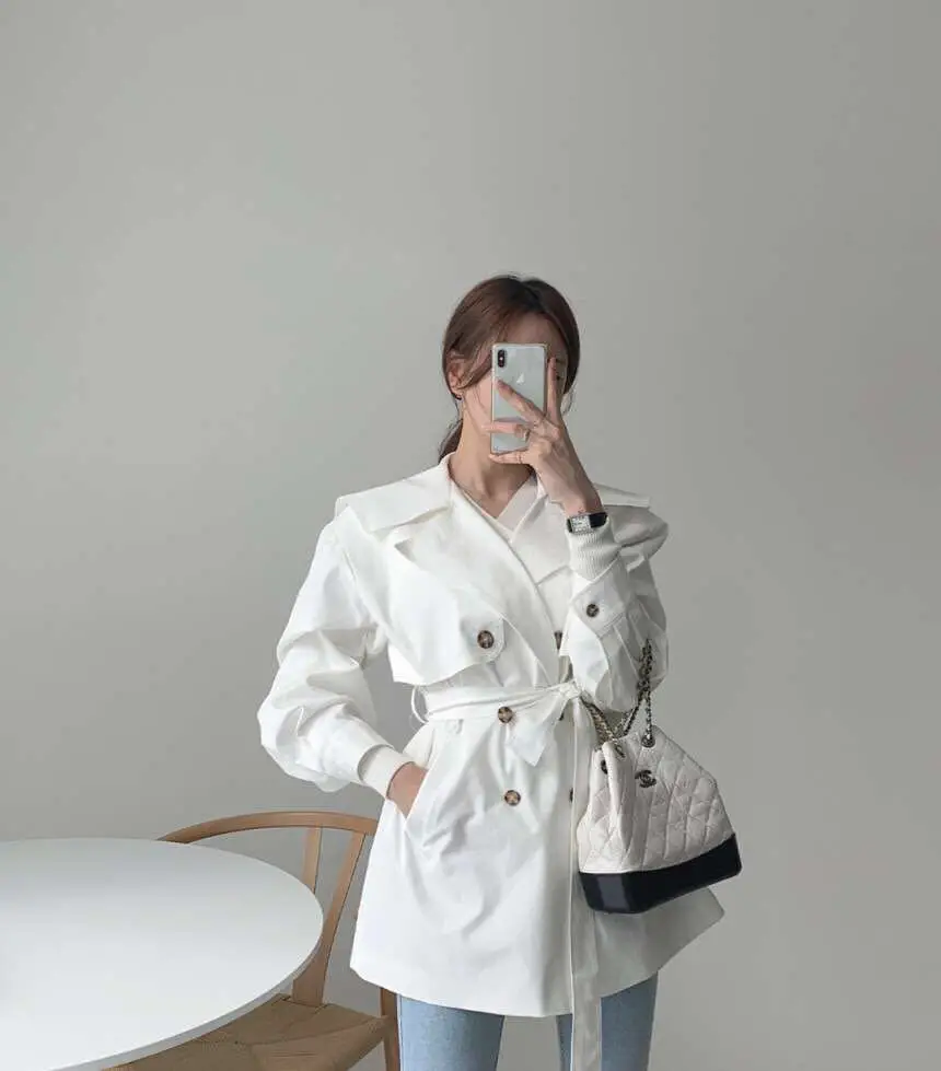 

Navy Lapel Buckle Women Trench Coats Double Breasted Solid Color Short Coat With Belt 2020 Fashion Women Clothes