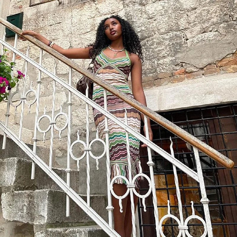 

Sleeveless Halter Women Dresses 2021 Stretch Slim Stripe Print Sundress Sexy Backless Midi Dress Hem Tassel