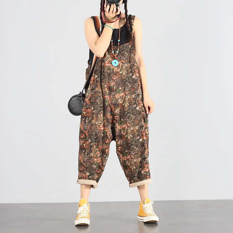 

Suspender JUMPSUIT Print Linen Rompers Women Dungarees Female Harem One Piece Drop Crotch Pants Loose Strap Overalls Summer 2020