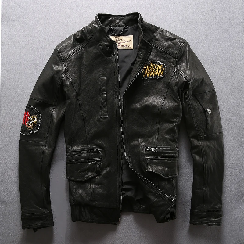 Мужская мотоциклетная куртка из натуральной кожи Классическая овечьей высокого