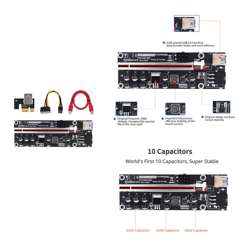 

PCIE Riser 011 PRO 10 Емкость 6-контактный супер стабильный PCI Express 16X Райзер видеокарта расширитель для майнинга биткоинов