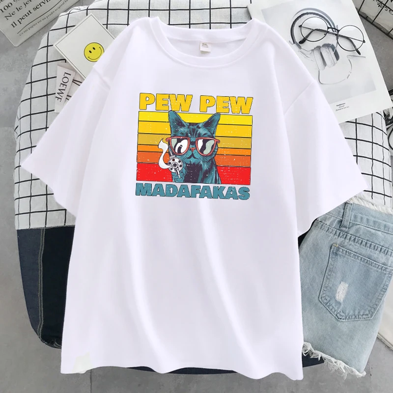 

Hip Hop Oversize Women Tshirt Pew Pew Madafaks Cool Cats Print Women T-Shirt Breathable Clothing Soft Crewneck T Shirts