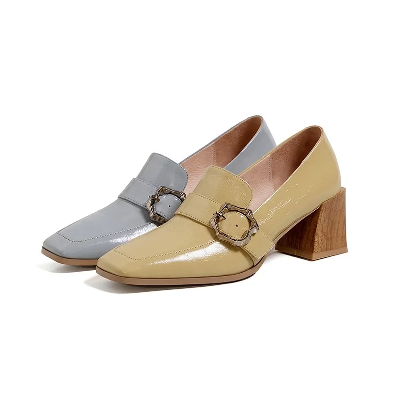 

High Quality Office Work Shoes For Women Real Leather Square Toe Slip On Metal Buckle Block High Heels 2021 Spring Pumps Woman