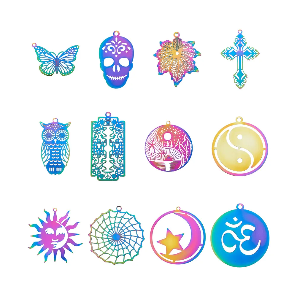 

24Pcs Colorful Stainless Steel Filigree Owl Butterfly Pendants Stamping Blade Cross Charm Earring Necklace DIY Jewelry Making