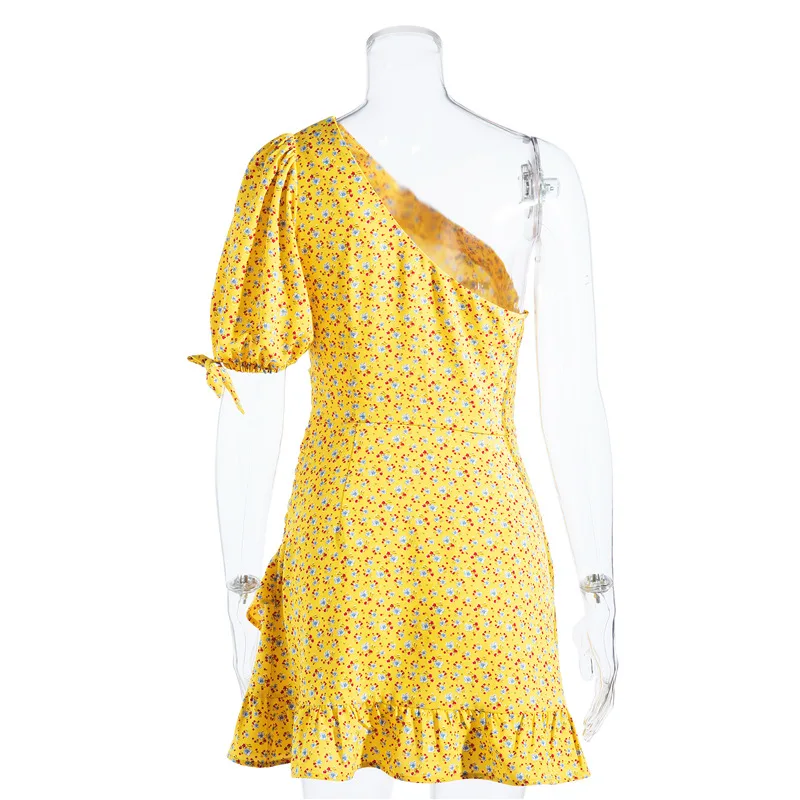 

Womens Floral Printed Retro Dress Vintage Ruffles Short Sleeve Bohemia Chic One Shoulder Mini Ruched Empire Summer Dress