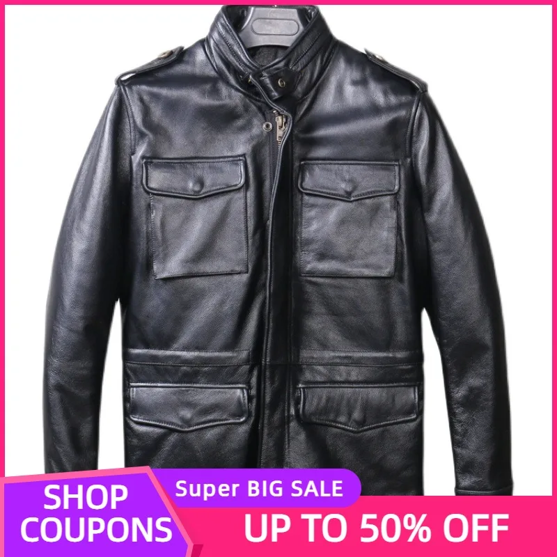 

2021 Black Hood Genuine Leather Jacket Men Safari Style Plus Size 5XL Real Natural Cowhide Winter Thick Warm M65 Coat