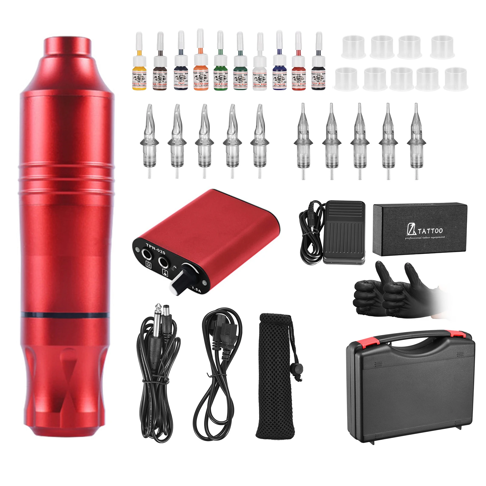 

EU US Stock Rotary Tattoo Pen Machine Kit, Professional Tattoo Pen in Red with 10 Colors Tattoo Paints, 10pcs Cartridges Needles