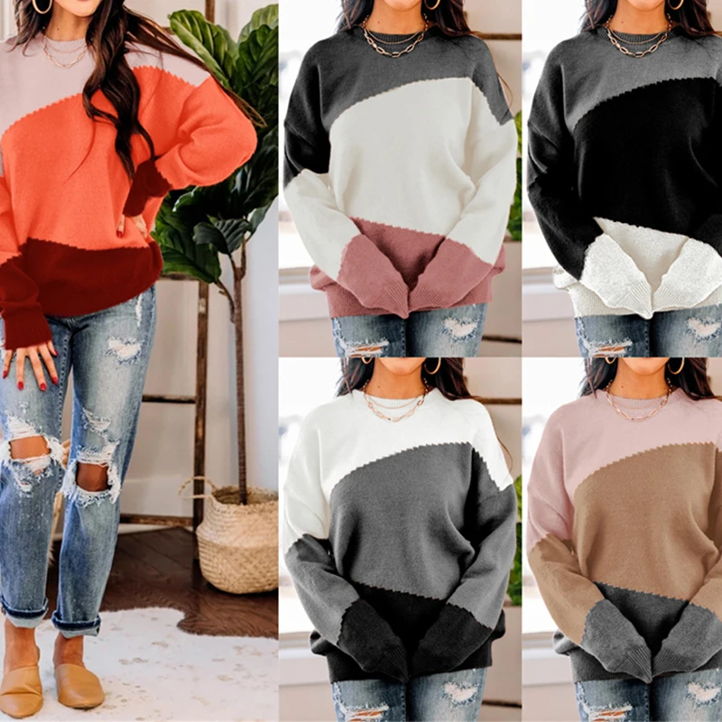 

Женский полосатый вязаный пуловер с круглым вырезом, свободные топы с длинными рукавами и прострочкой, модный Повседневный свитер для женщ...