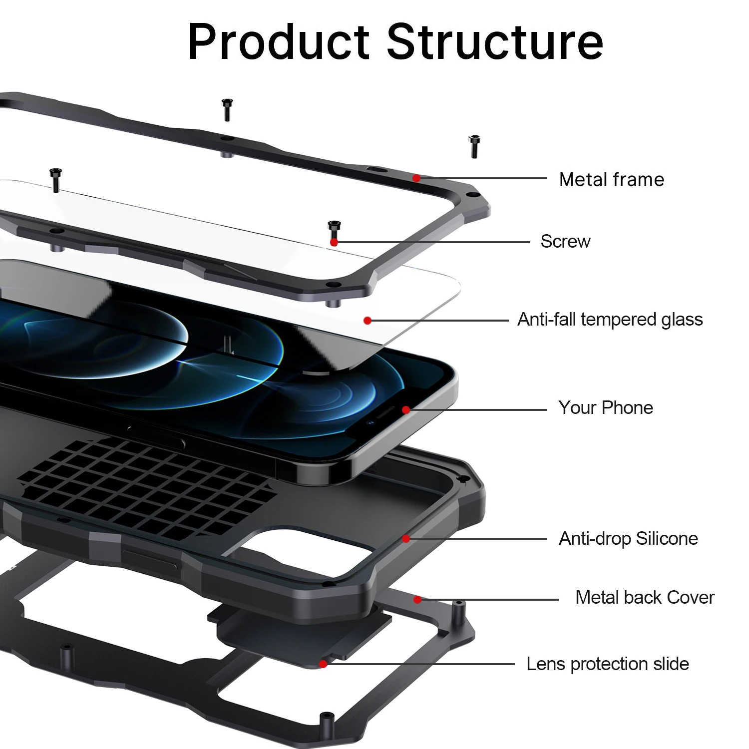 

Foldable Stand Bracket Case For iPhone 12 Pro Max Built in Clear Screen Protector Tempered Glass With Camera Cover Shockproof