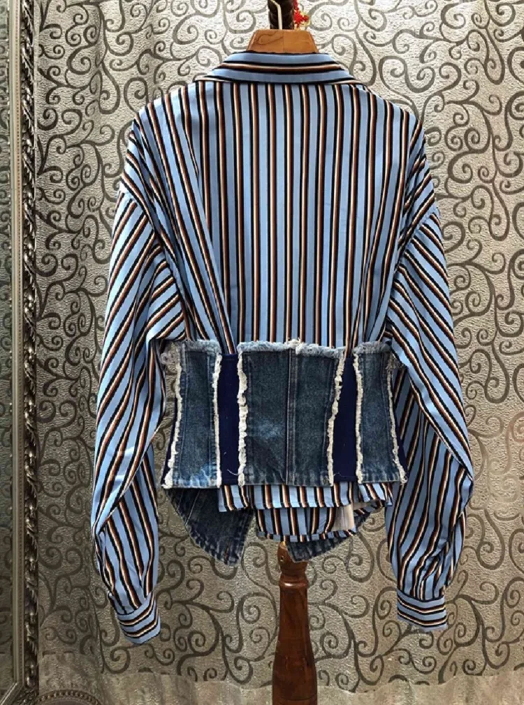 

High Quality Striped Blouses 2020 Spring Casual Shirts Women Turn-down Collar Cotton Denim Vest Patchwork Long Sleeve Tops Shirt