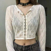 2021 women fashion clothing lace hollow out white t shirt vintage long sleeved single breasted crop top woman tshirts