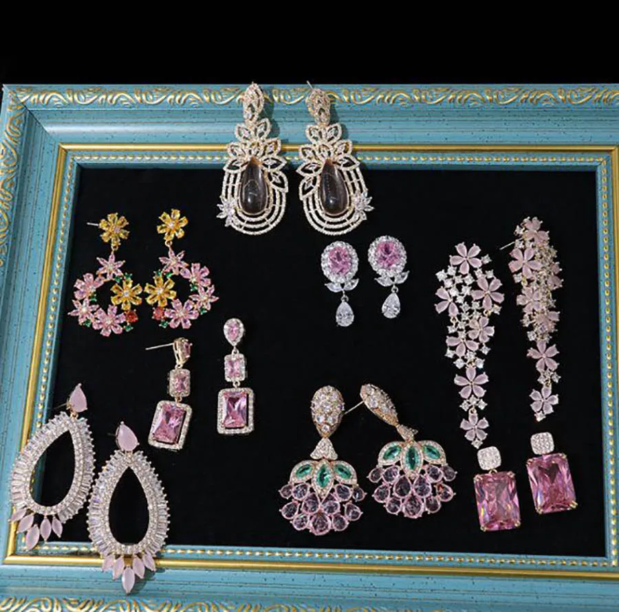 

Luxury zircon tassels earrings for women exquisite senior retro pink purple gem sweet lady baroque retro ear jewelry