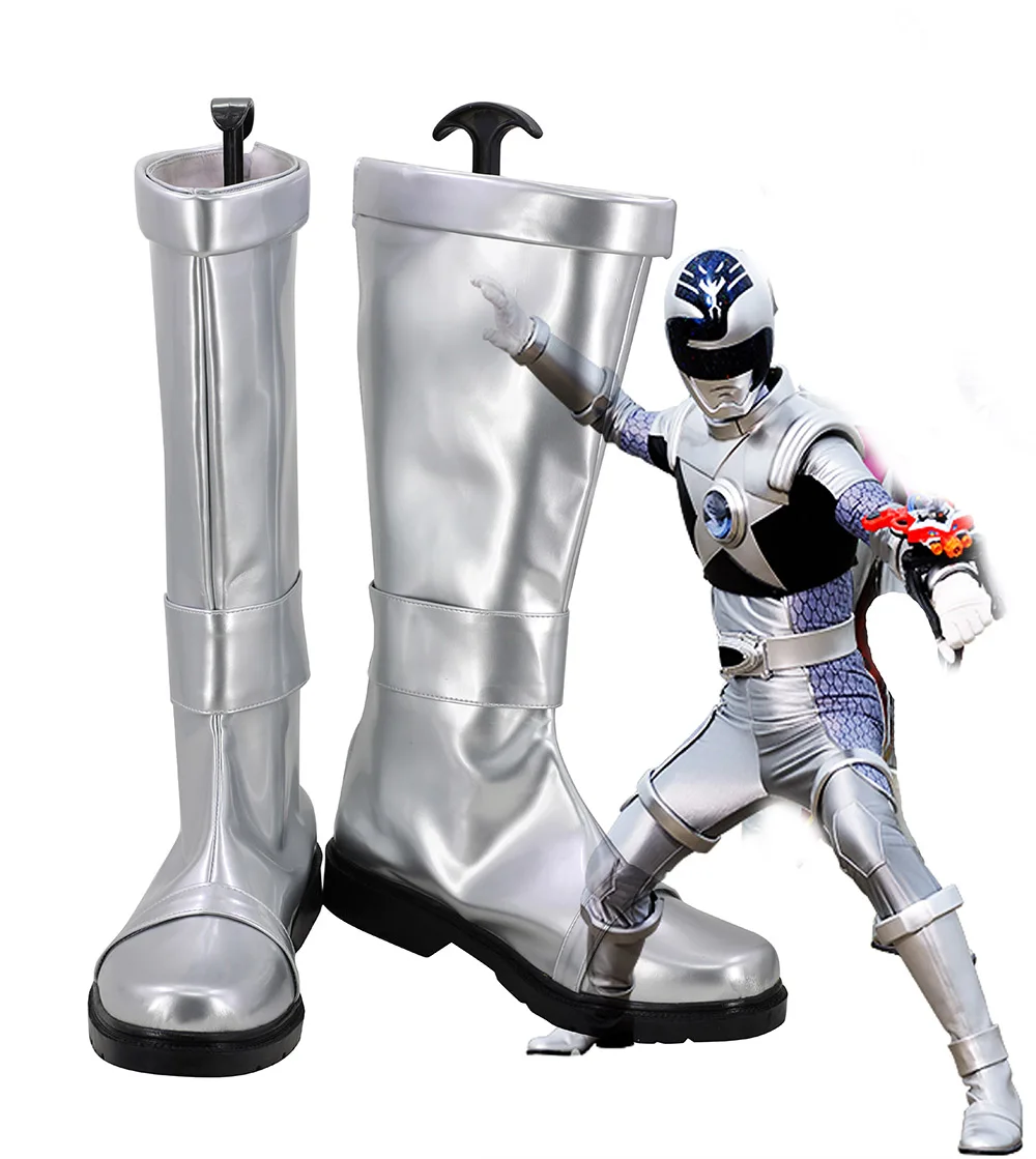 

Uchu Sentai Kyuranger Space Squadron Nine Ranger Hebitsukai Silver Naga Ray Cosplay Boots Silver Shoes Custom Made