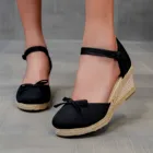 Сандалии женские в стиле ретро, соломенные босоножки с пеньковой веревкой, льняные туфли на танкетке с круглым носком, туфли с закрытым носком, однотонная обувь