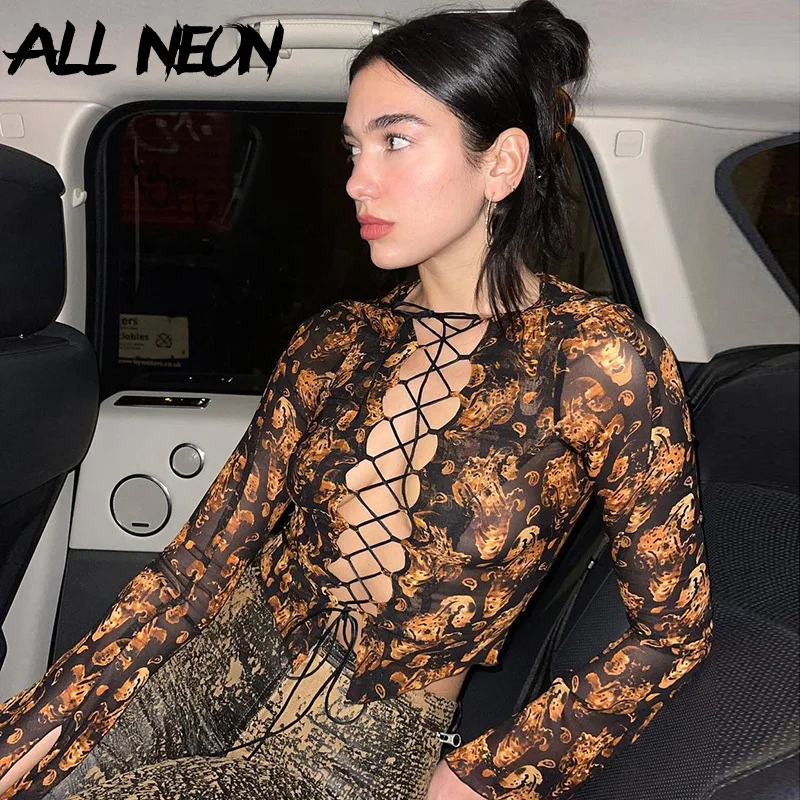 

ALLNeon Y2K Vintage Aesthetics Lace Up Flare Sleeve Mesh T-shirts 90s Streetwear Sexy Transparent Printing O-neck Crop Tops Club