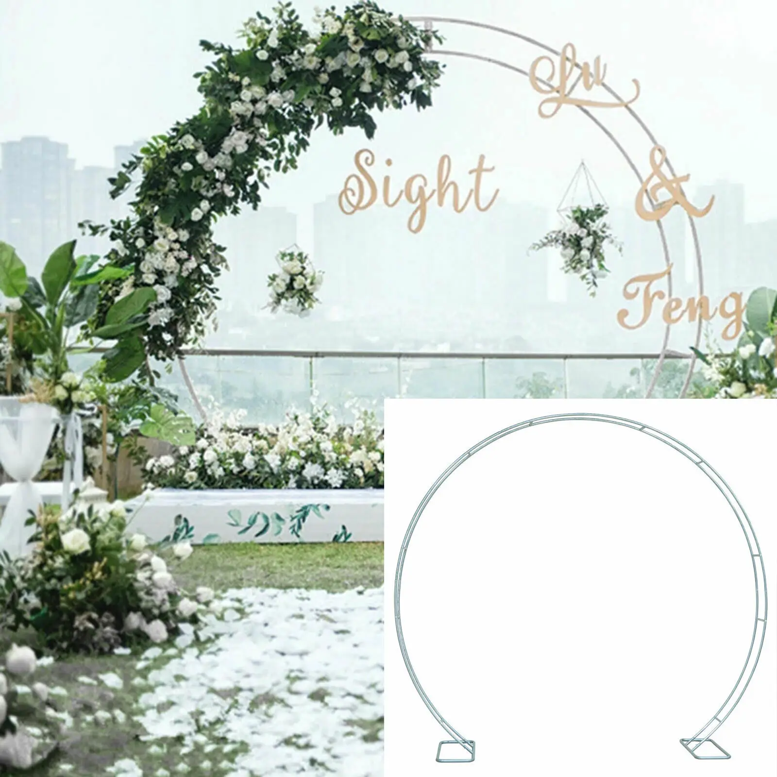 

Silver 2.7m Metal Wedding Arch Circle Stand Flowers Balloon Backdrop Birthday Party Decor Props