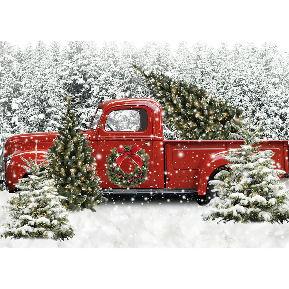 Рождественский красный грузовик автомобиль фотография Фон зимний Снежный