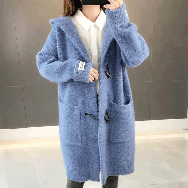 Autumn new imitation water jacket jacket female long section horn buckle solid color long sleeve ladies sweater knit