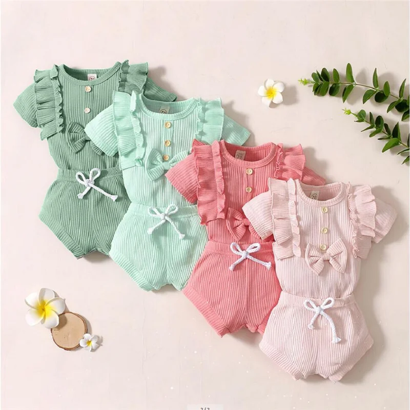 

Хлопковый комплект одежды для маленьких девочек, однотонный комбинезон с коротким рукавом и круглым вырезом для маленьких девочек, с оборк...