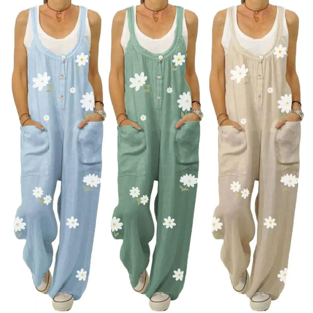 

Women Sleeveless Floral Print Pockets Buttons-Jumpsuit Bib Overall Dungarees Strappy Vintage Cotton Rompers