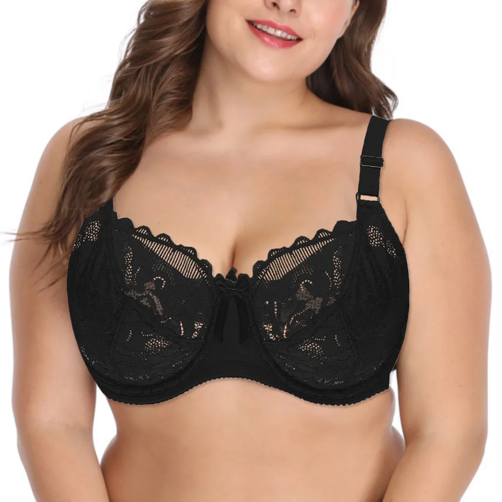 

Plus Size Bras Women Underwear Flower-Dotted Unlined Underwire Bra Black Sexy Ladies Lace Bralette Lingerie 36-46 C D DD E F