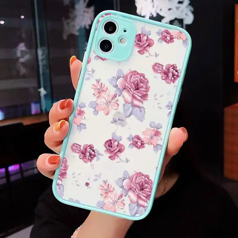 

Phone Case For iPhone 12 11 Mini Pro XR XS Max 7 8 Plus X Flowers Matte transparent blue Cover