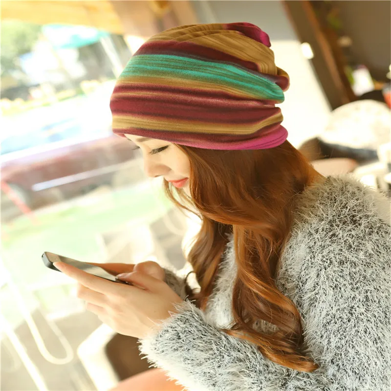 Новый корейский модный комплект шапка ворс Кепка цветная полоса тюрбан тонкая