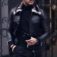 2021 cool men leather jacket faux fur collar zip up man outwear man motorcycle windbreaker black pu coat autumn winter clothing