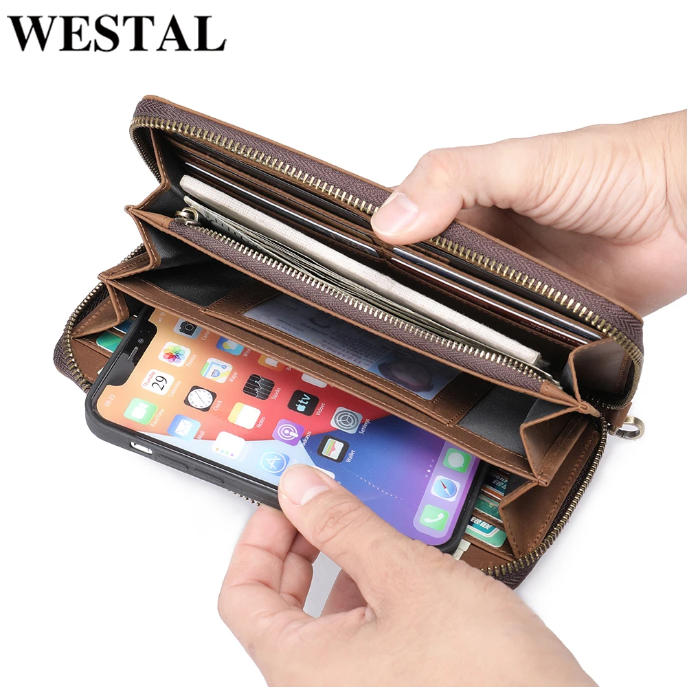 

WESTAL Men's Wallet Genuine Leather Long Purses Luxury With Money Clip Wallet And Zipper Clutch Bag Gift For Men Handbag1028