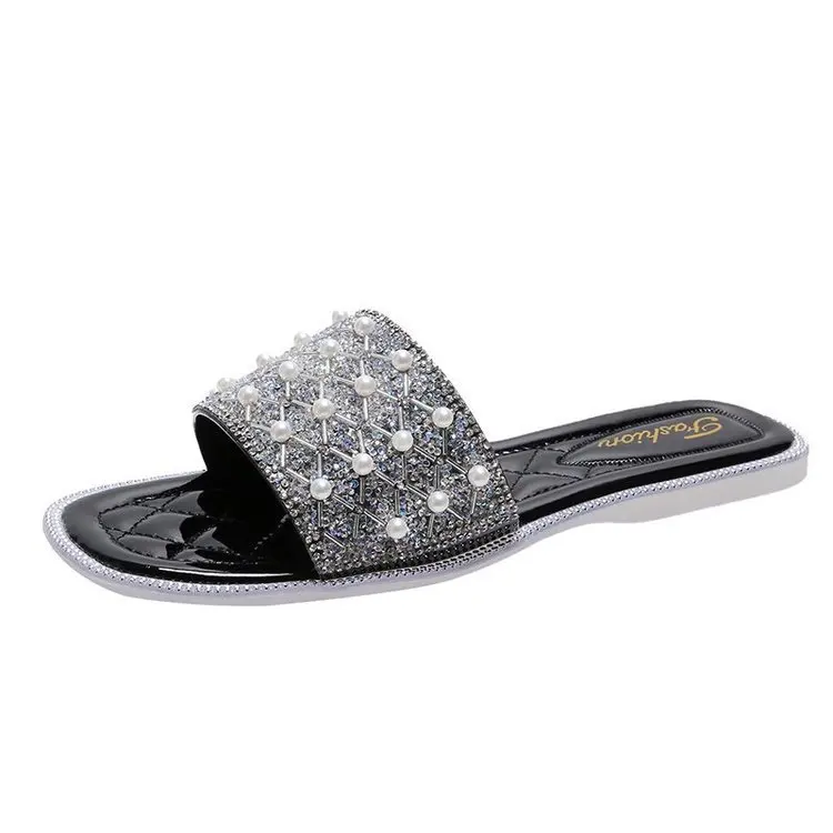 

Big Size Shoes Woman's Slippers Luxury Slides String Bead 2021 Designer Summer Flat Rome Basic PU Rubber Fabric Shoes Ladies' Sl