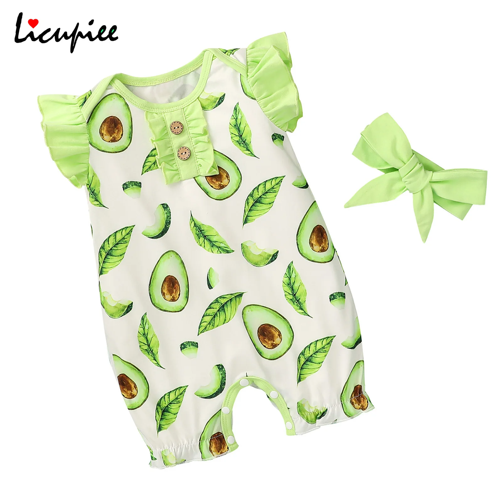 

0-18 Months 2pcs Baby Girls Outfit, Sweet Style Summer Fruits Printing Lace Button Fly Sleeve Round Collar Romper + Headwear Set