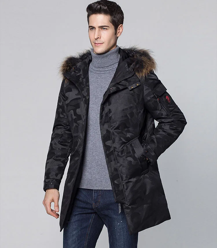 Новинка 2021 зимнее Мужское пальто на утином пуху с натуральным мехом енота капюшоне Мужская теплая парка