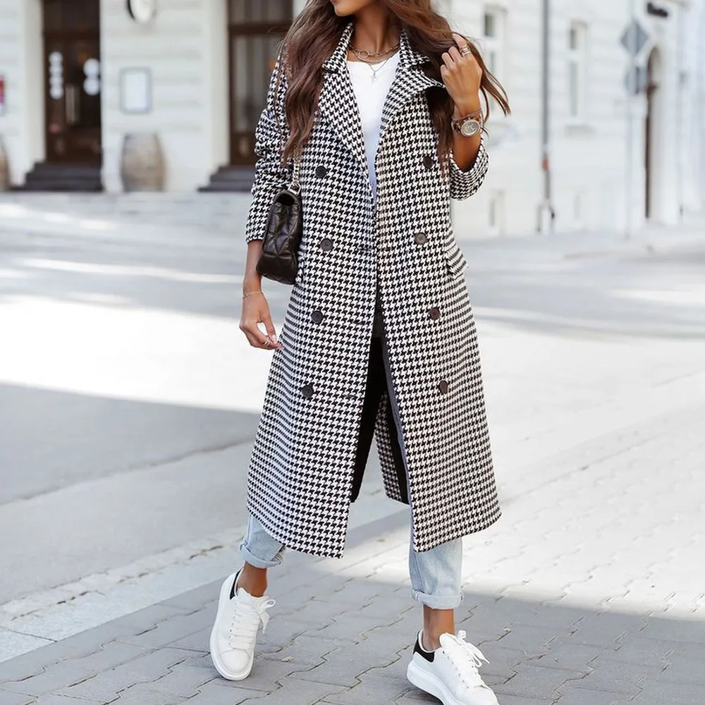 

2021 New Winter Women Long Overcoat Long Sleeve Slim Solid Houndstooth Double-breasted Patchwork Casual Female Coat Street Shot